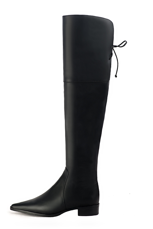 Satin black women's leather thigh-high boots. Pointed toe. Flat leather soles. Made to measure. Profile view - Florence KOOIJMAN